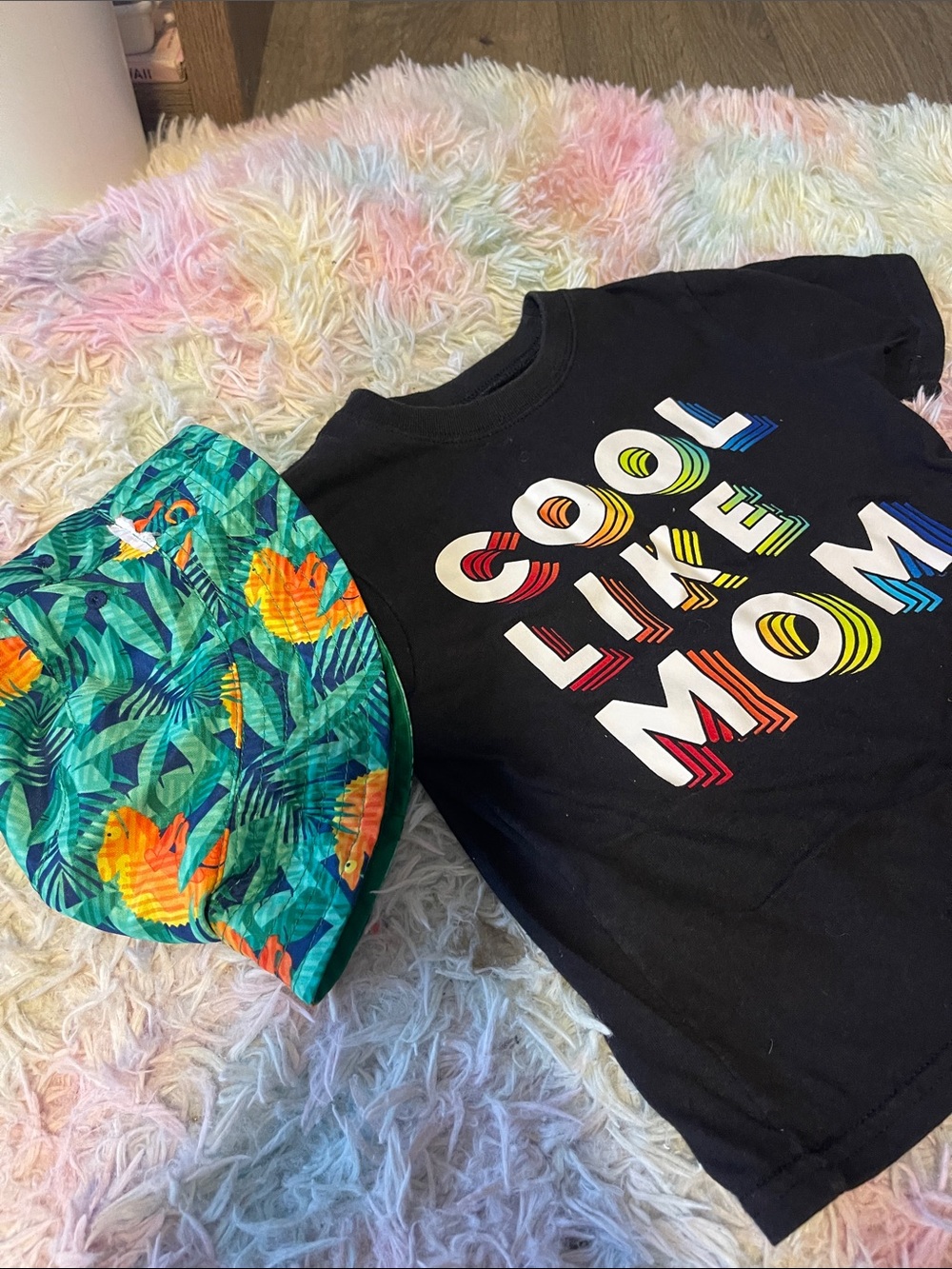 Black "Cool Like Mom" Graphic Tee with Tropical Bucket Hat Chameleon